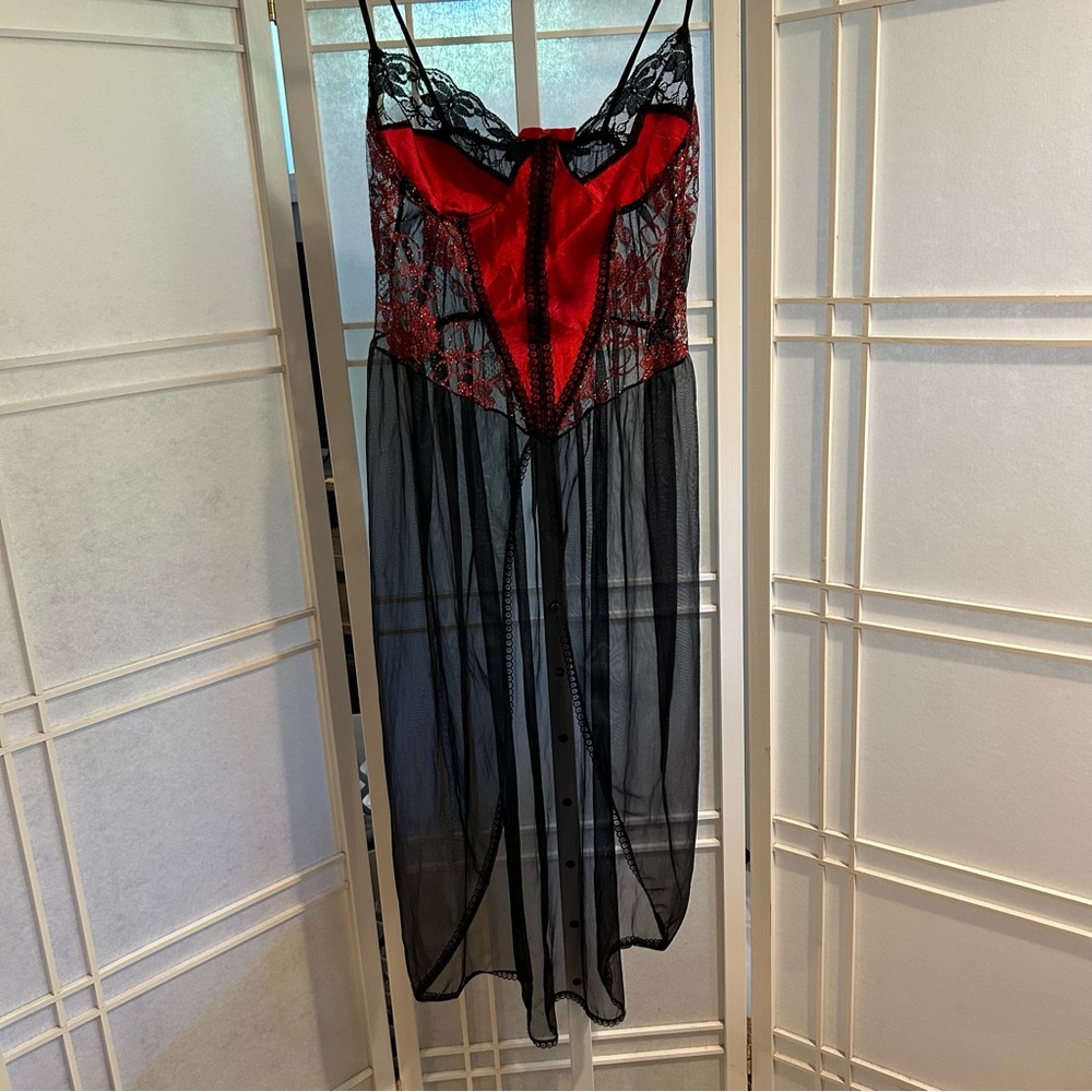 Vintage Stroke of Midnight Red & Black Sheer Lace Lingerie Dress Y2K Size S/M
